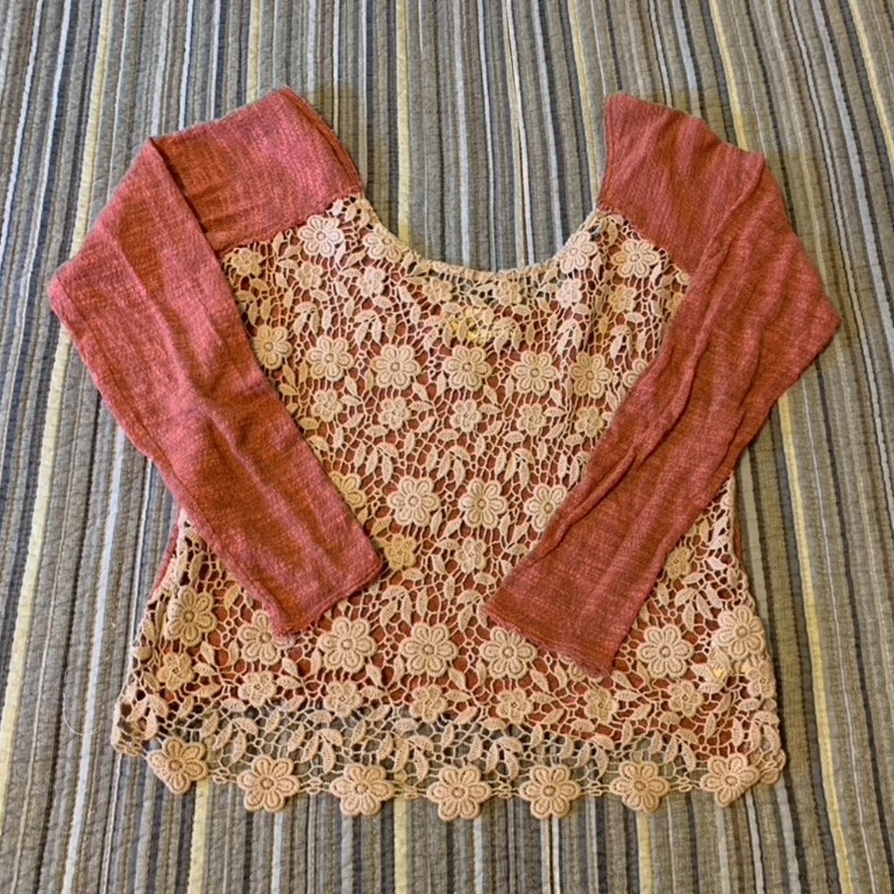 Free People Pink and Off White Top with Lace Front & Full Back XS Shirt